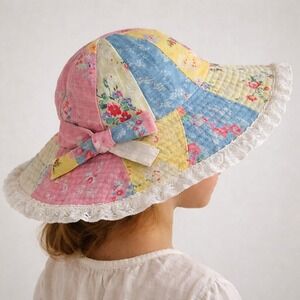 LoveShackFancy Floral Patchwork Linen Bucket Hat Lace Trim Girls OS Cottagecore